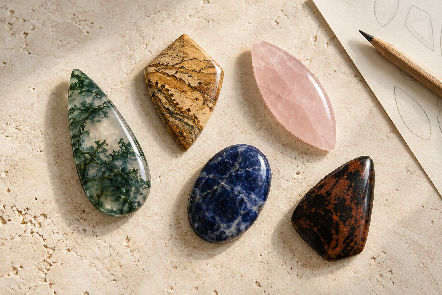 Representative polished cabochons in teardrop, shield, marquise, oval, and freeform shapes